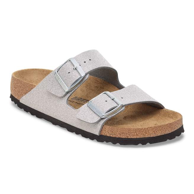 Birkenstock Arizona Sandals- Shiny Glitter Silver Synthetic