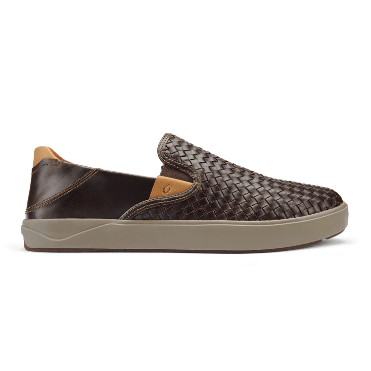OluKai Men's Lae'ahi Lauhala Leather Slip Ons- Dark Wood