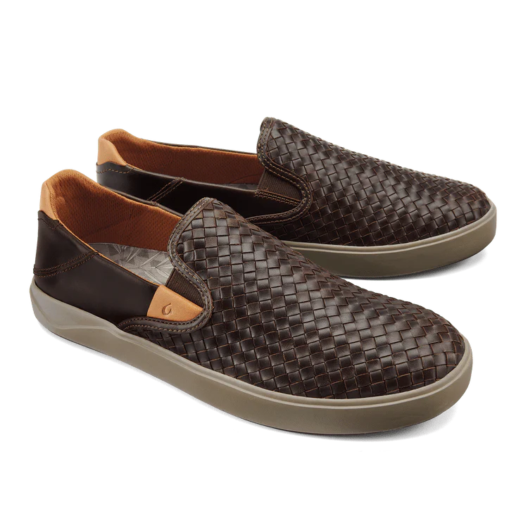 OluKai Men's Lae'ahi Lauhala Leather Slip Ons- Dark Wood - Image 3