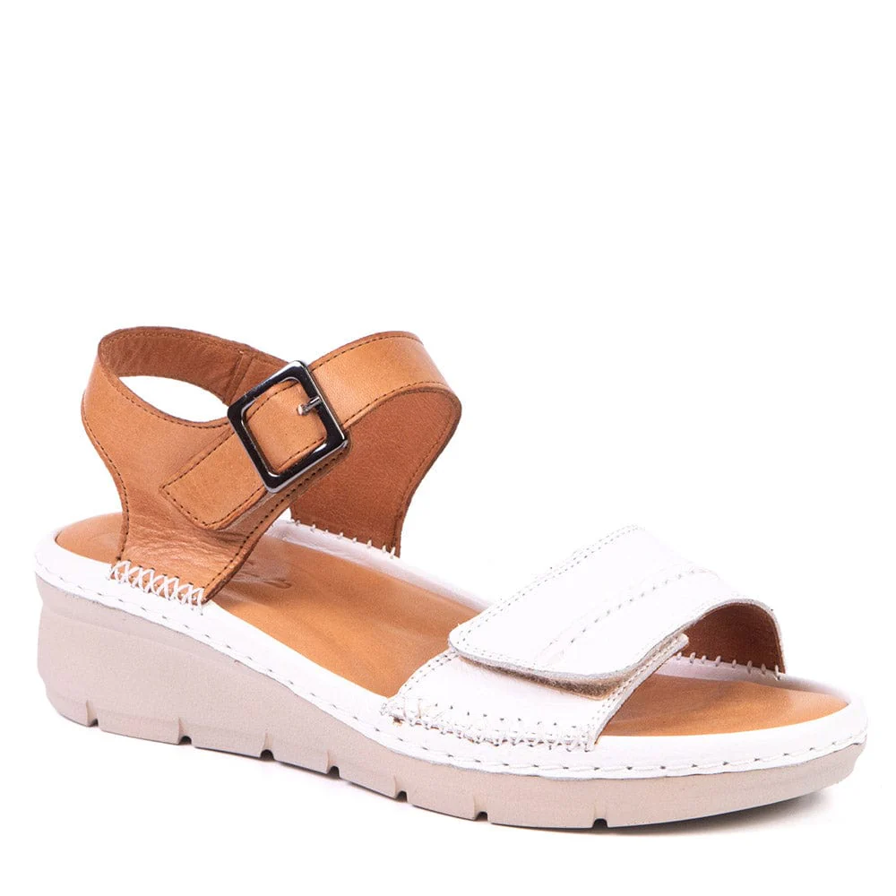 Portofino Women's Emilia Wedge Sandals- White/ Tan