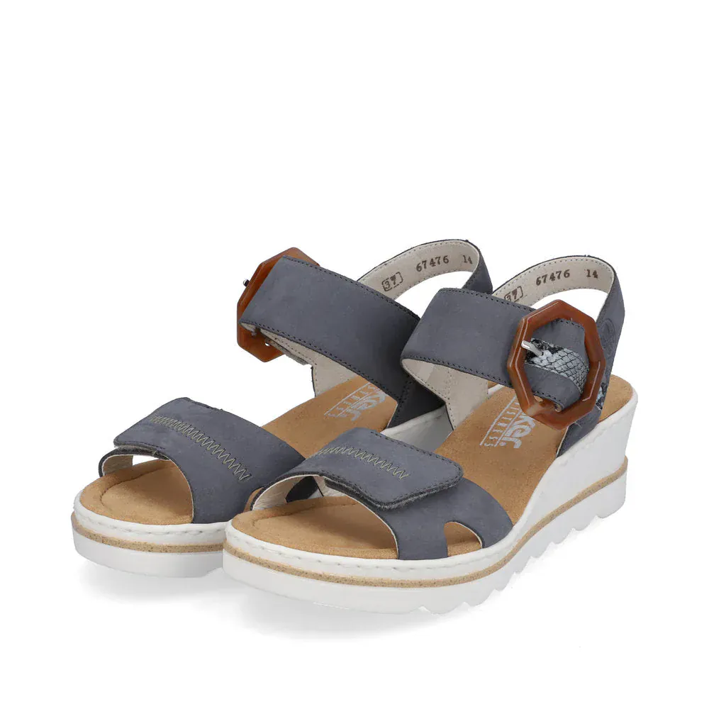 Rieker Women's 67476-14 Heeled Wedge Sandals- Blue Combi - Image 3